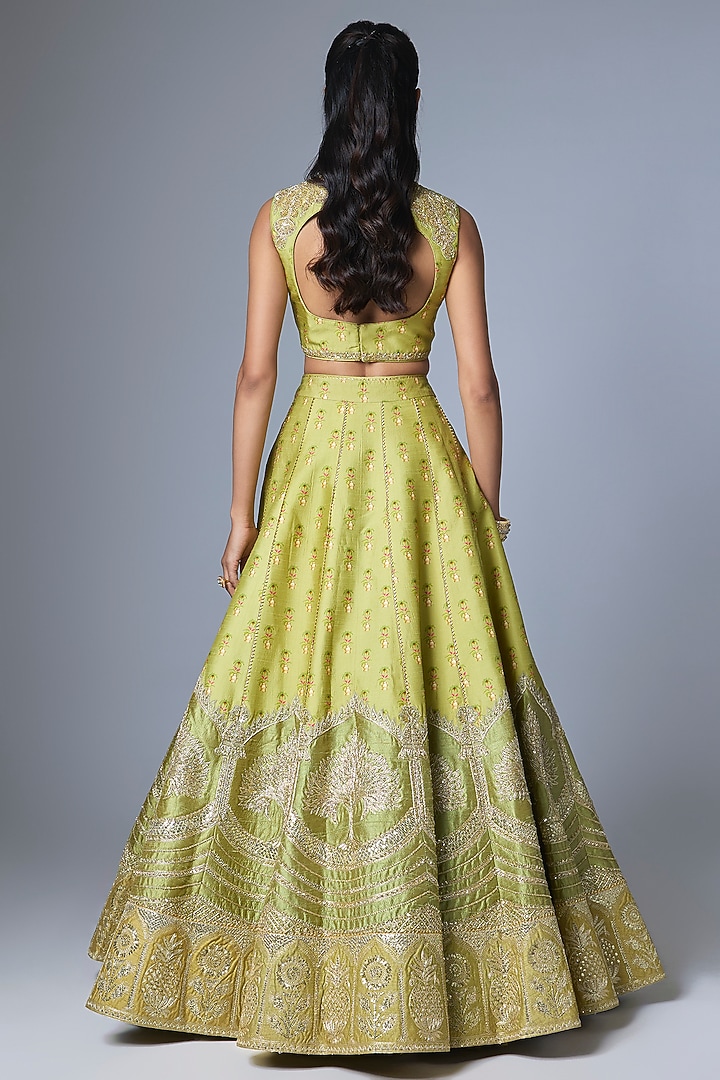Green Heavy Raw Silk Embroidered Bridal Lehenga Set by Masaba at Pernia's Pop Up Shop