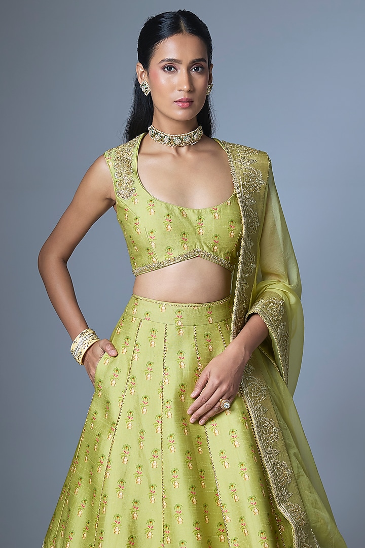 Green Heavy Raw Silk Embroidered Bridal Lehenga Set by Masaba at Pernia's Pop Up Shop