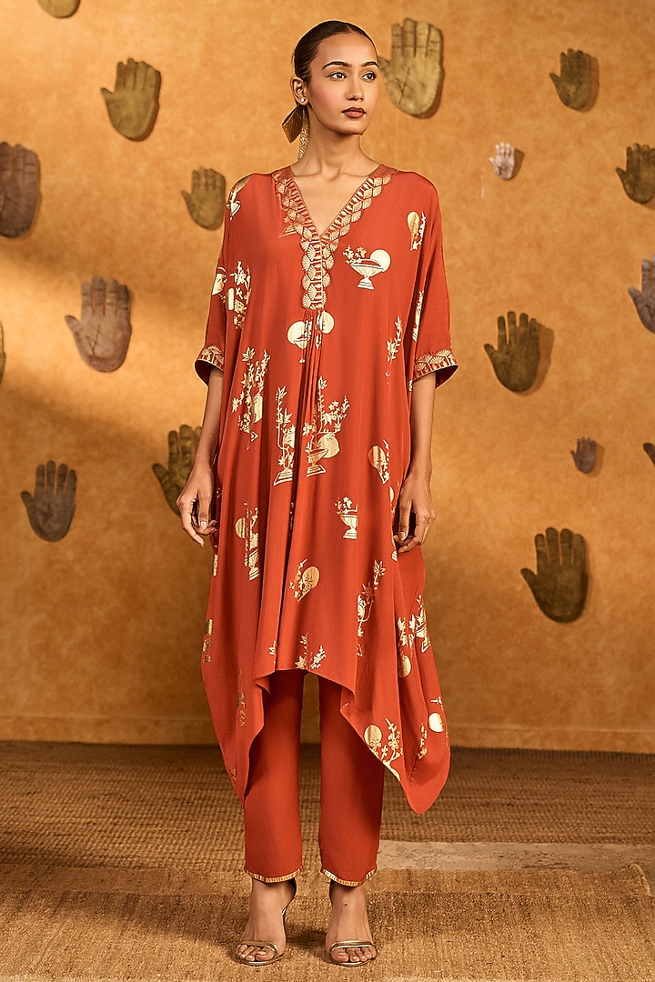 Rust Crepe Silk Foil Printed A-Line Kurta Set by Masaba at Pernia's Pop Up Shop