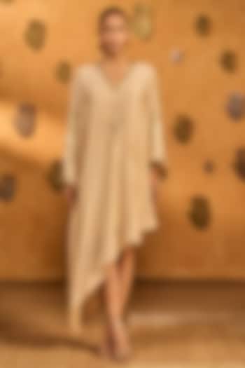 Beige Raw Silk Printed Asymmetric Kaftan by Masaba at Pernia's Pop Up Shop