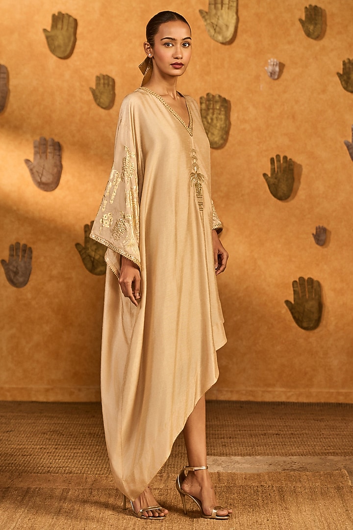 Beige Raw Silk Printed Asymmetric Kaftan by Masaba at Pernia's Pop Up Shop