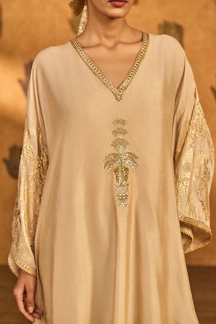 Beige Raw Silk Printed Asymmetric Kaftan by Masaba at Pernia's Pop Up Shop