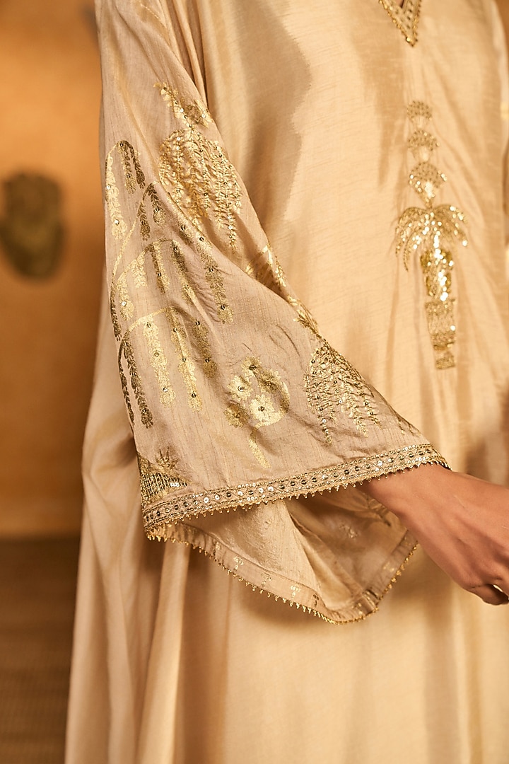 Beige Raw Silk Printed Asymmetric Kaftan by Masaba at Pernia's Pop Up Shop
