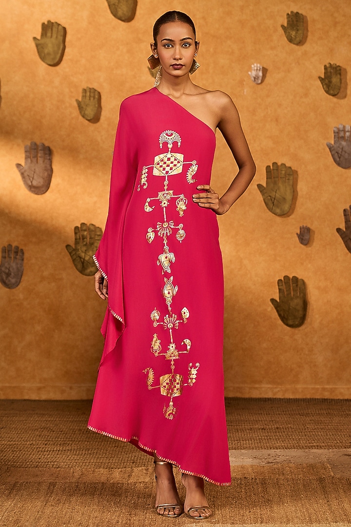Raspberry Crepe Foil Printed Wish Drop Kaftan by Masaba at Pernia's Pop Up Shop