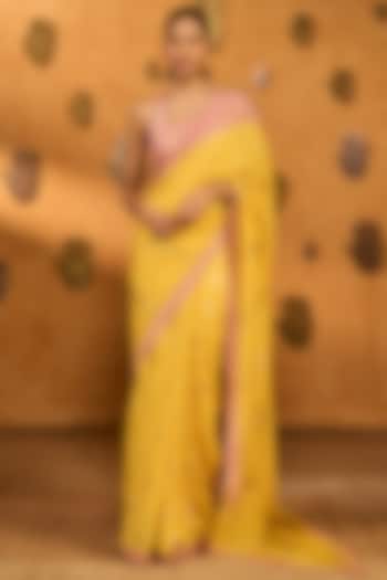 Yellow Mul Silk Motif Foil Printed Wedding Saree Set by Masaba at Pernia's Pop Up Shop