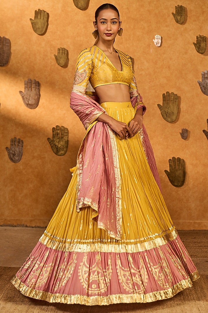 Spiced Ochre Yellow Mul Silk Crown Foil Printed Wedding Lehenga Set by Masaba at Pernia's Pop Up Shop