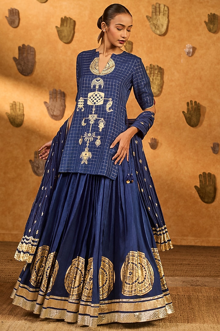 Sapphire Blue Zari Check Wish Drop Foil Printed Kurta Set by Masaba at Pernia's Pop Up Shop