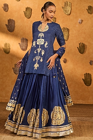 Sapphire Blue Zari Check Wish Drop Foil Printed Kurta Set by Masaba