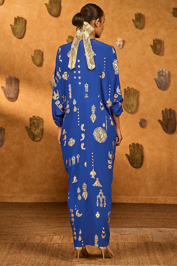 Serene Blue Crepe Folkstone Foil Printed V-Neck Kaftan by Masaba at Pernia's Pop Up Shop