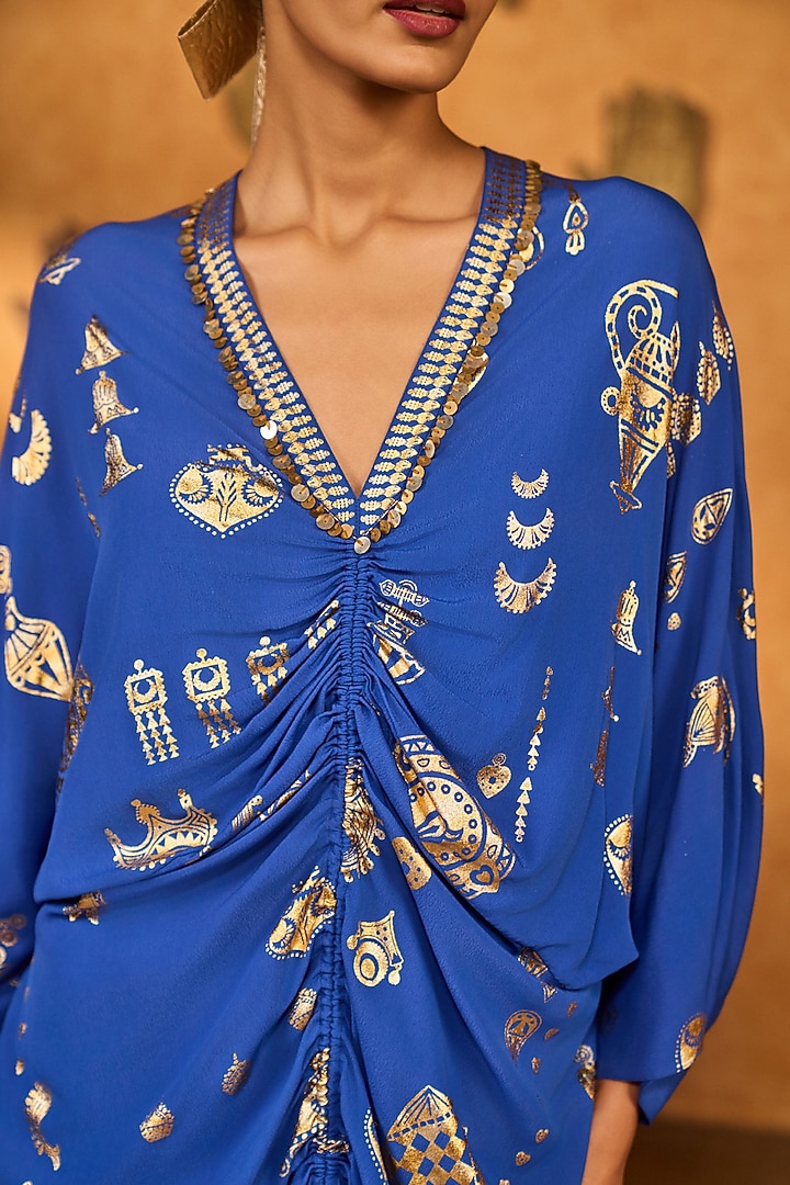 Serene Blue Crepe Folkstone Foil Printed V-Neck Kaftan by Masaba at Pernia's Pop Up Shop