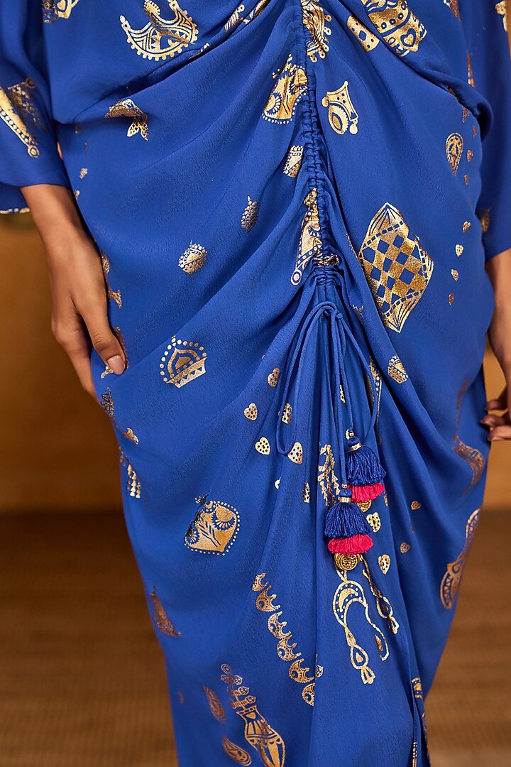 Serene Blue Crepe Folkstone Foil Printed V-Neck Kaftan by Masaba at Pernia's Pop Up Shop