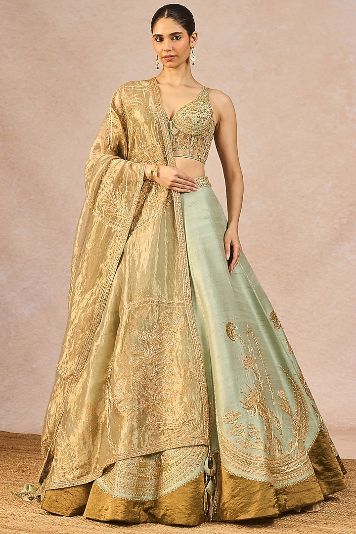 Sage Green Tissue Kashmiri Kali Motif Embroidered Bridal Lehenga Set by Masaba at Pernia's Pop Up Shop