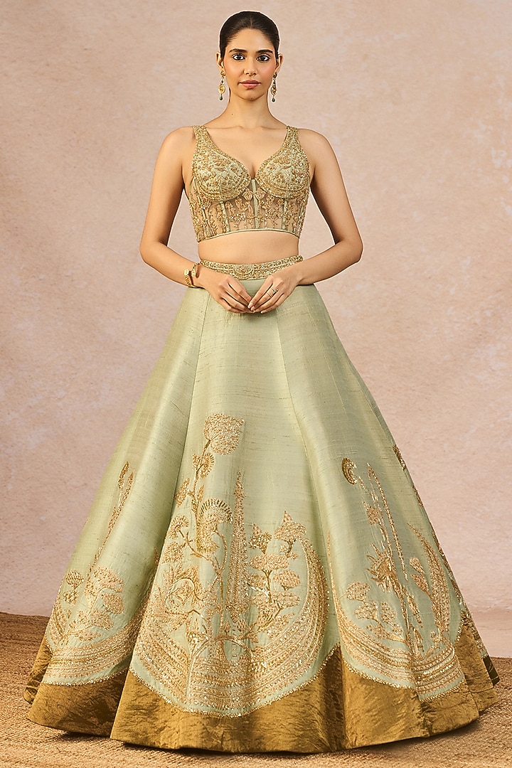 Sage Green Tissue Kashmiri Kali Motif Embroidered Bridal Lehenga Set by Masaba at Pernia's Pop Up Shop
