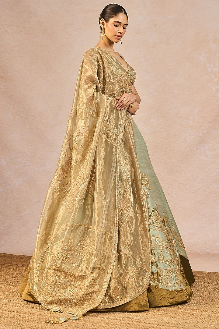 Sage Green Tissue Kashmiri Kali Motif Embroidered Bridal Lehenga Set by Masaba at Pernia's Pop Up Shop