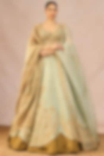 Sage Green Tissue Kashmiri Kali Motif Embroidered Bridal Lehenga Set by Masaba at Pernia's Pop Up Shop