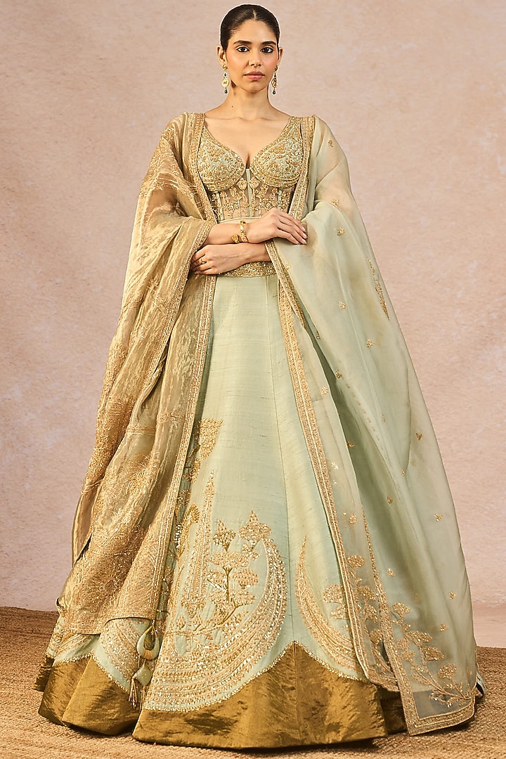 Sage Green Tissue Kashmiri Kali Motif Embroidered Bridal Lehenga Set by Masaba at Pernia's Pop Up Shop