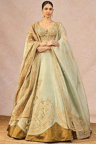 Sage Green Tissue Kashmiri Kali Motif Embroidered Lehenga Set by Masaba