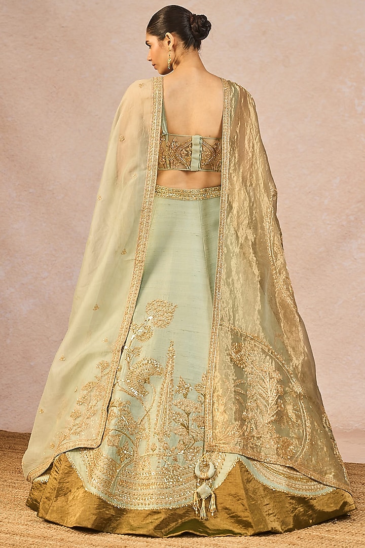 Sage Green Tissue Kashmiri Kali Motif Embroidered Bridal Lehenga Set by Masaba at Pernia's Pop Up Shop