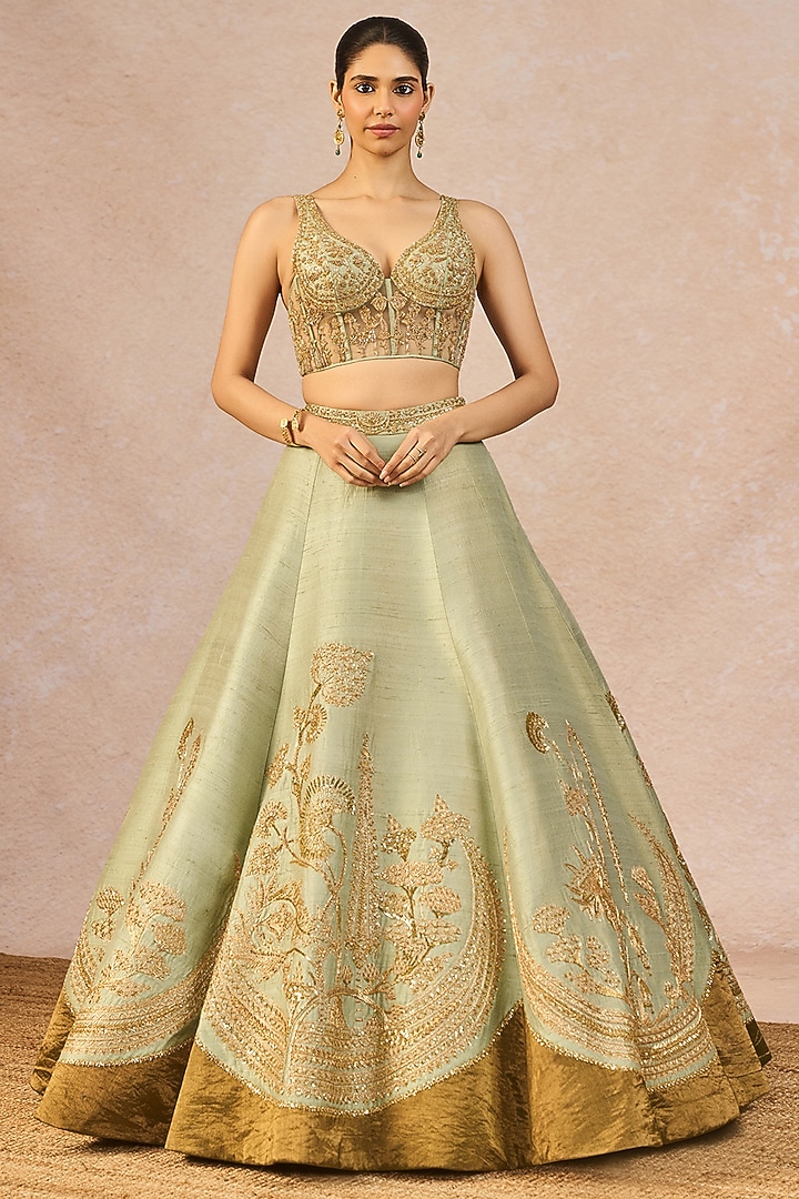 Sage Green Tissue Kashmiri Kali Motif Embroidered Bridal Lehenga Set by Masaba at Pernia's Pop Up Shop
