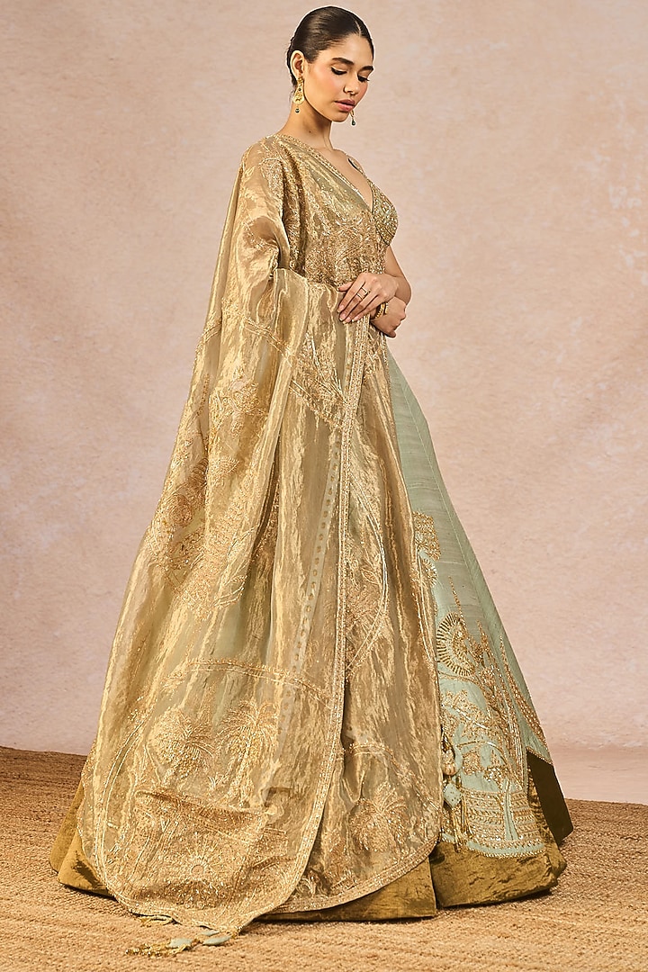 Sage Green Tissue Kashmiri Kali Motif Embroidered Bridal Lehenga Set by Masaba at Pernia's Pop Up Shop