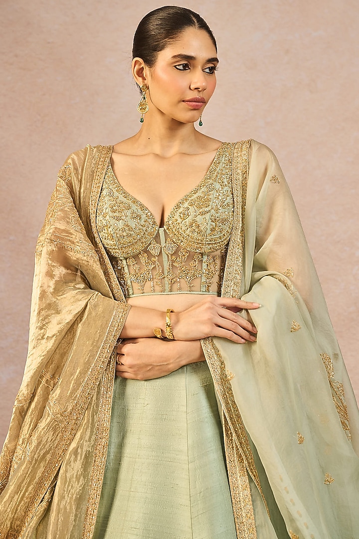 Sage Green Tissue Kashmiri Kali Motif Embroidered Bridal Lehenga Set by Masaba at Pernia's Pop Up Shop