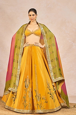 Yellow Tissue Boota Motif Embroidered Lehenga Set by Masaba