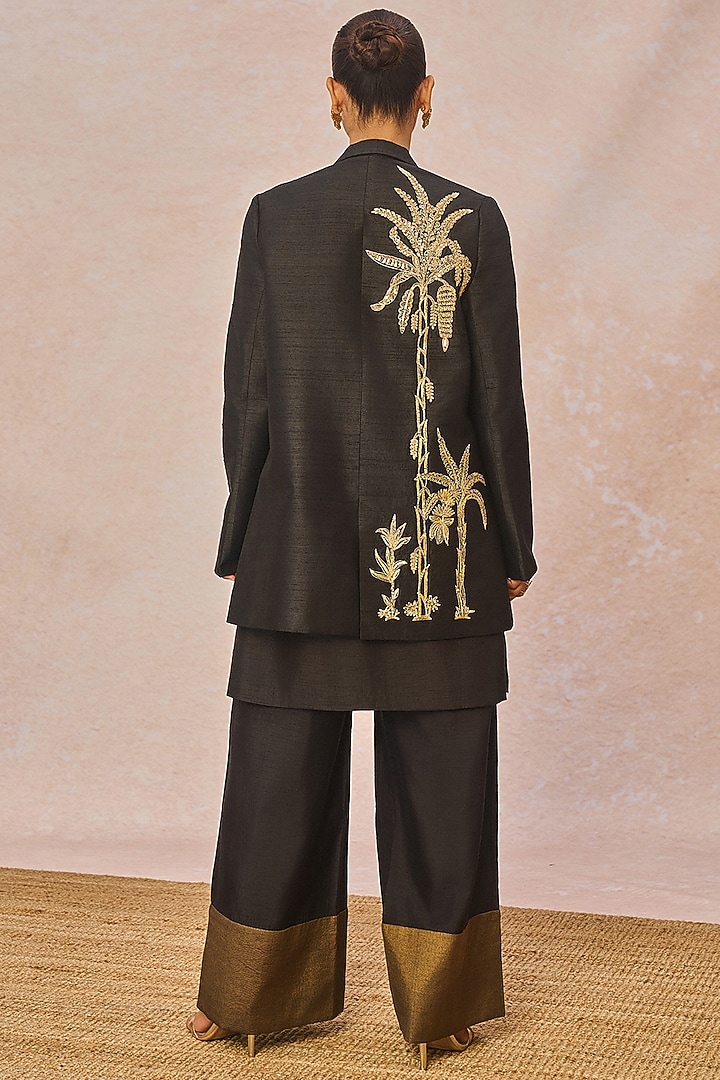 Black Heavy Raw Silk Gul Chaand Motif Embroidered Blazer Set by Masaba at Pernia's Pop Up Shop