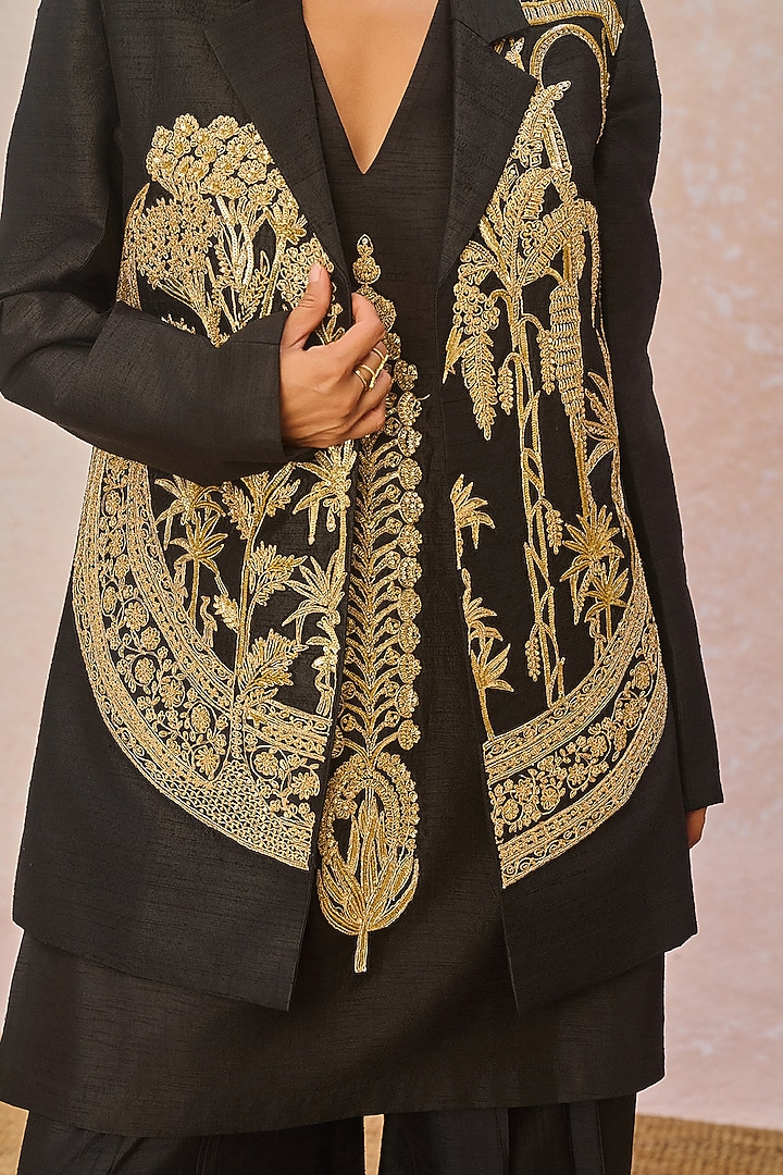 Black Heavy Raw Silk Gul Chaand Motif Embroidered Blazer Set by Masaba at Pernia's Pop Up Shop