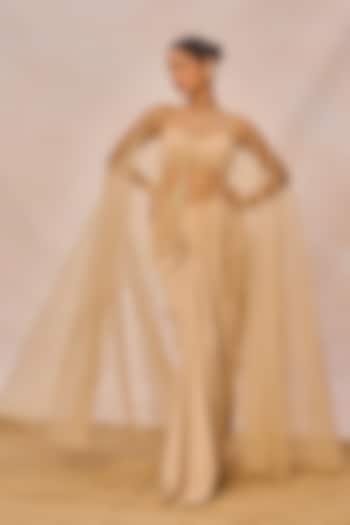 Beige Crepe Front-Pleated Draped Skirt Set by Masaba at Pernia's Pop Up Shop