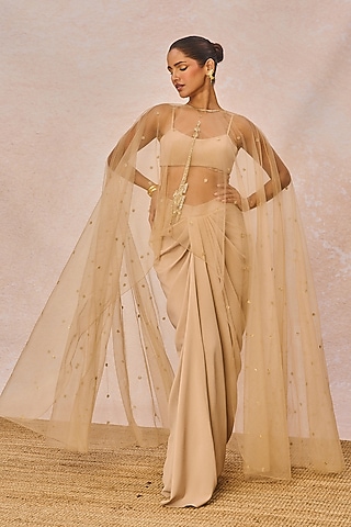 Beige Crepe Front-Pleated Draped Skirt Set by Masaba