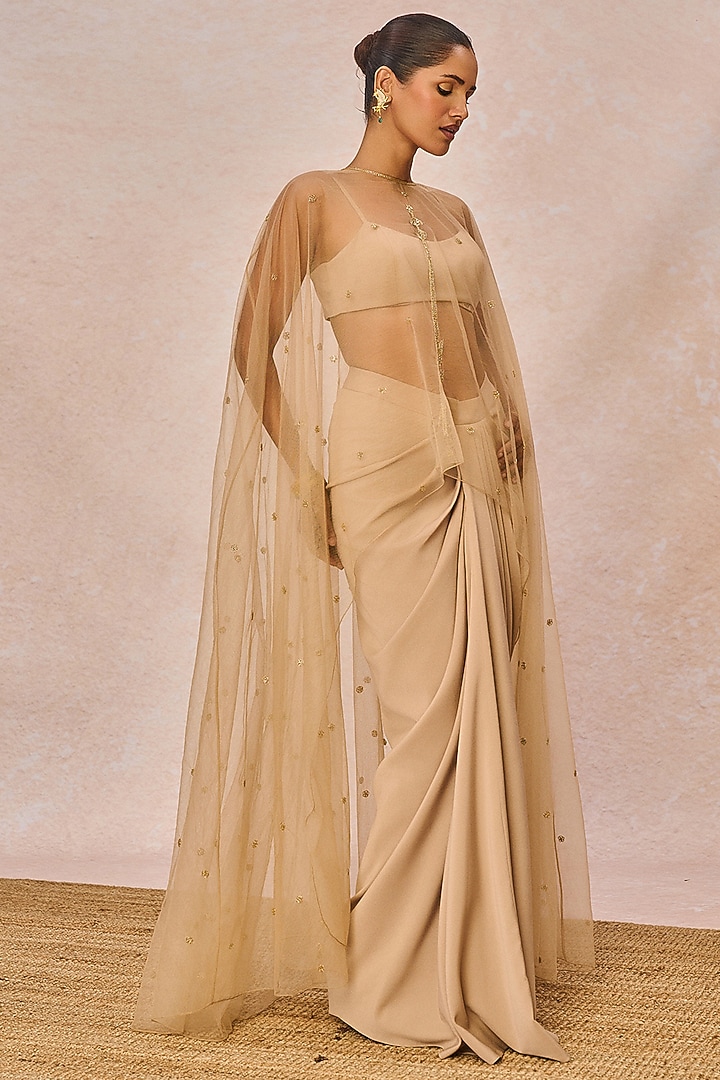 Beige Crepe Front-Pleated Draped Skirt Set by Masaba at Pernia's Pop Up Shop