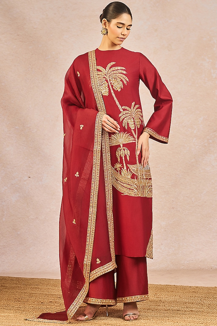 Cranberry Red Silk Kashti Motif Embroidered Kurta Set by Masaba at Pernia's Pop Up Shop