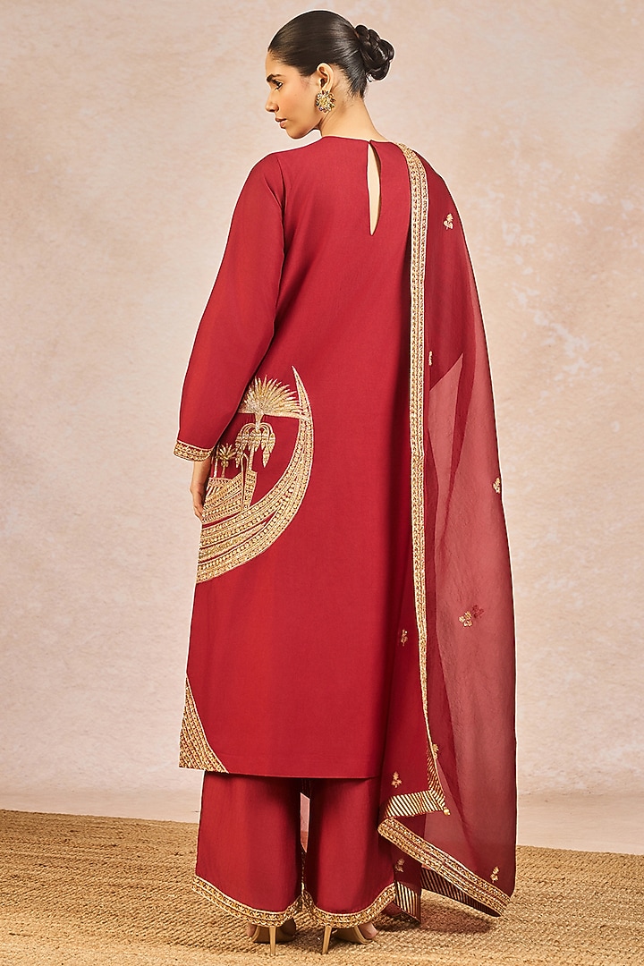 Cranberry Red Silk Kashti Motif Embroidered Kurta Set by Masaba at Pernia's Pop Up Shop