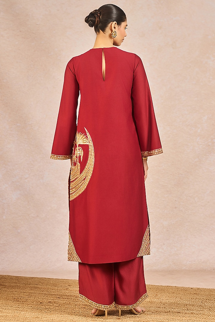Cranberry Red Silk Kashti Motif Embroidered Kurta Set by Masaba at Pernia's Pop Up Shop