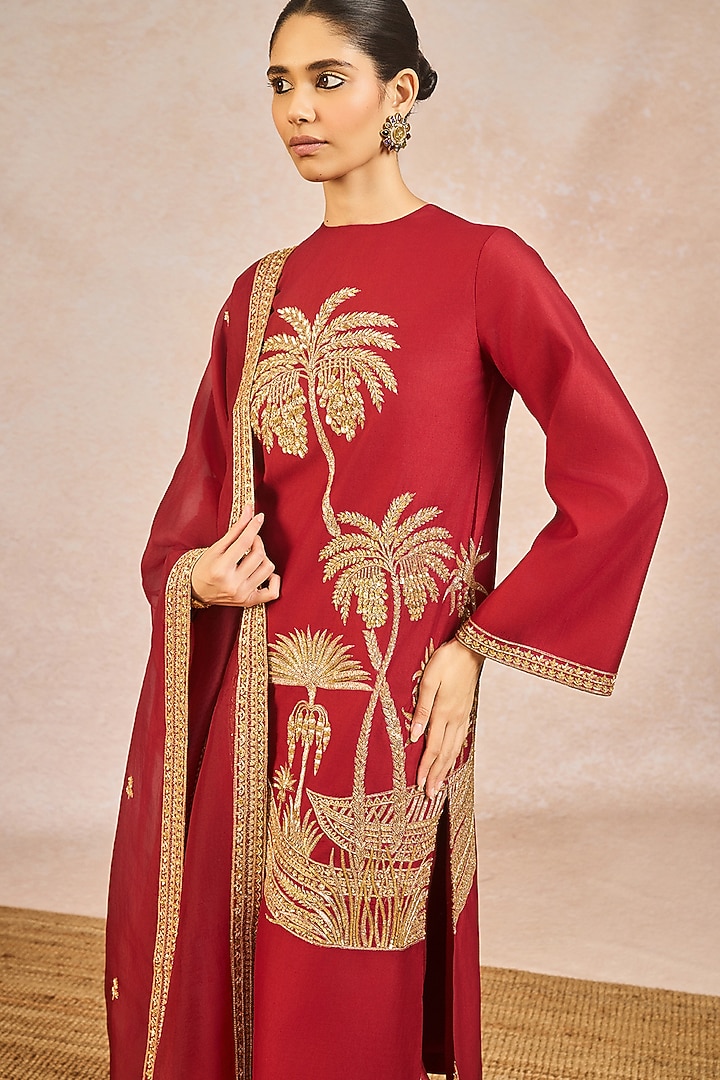 Cranberry Red Silk Kashti Motif Embroidered Kurta Set by Masaba at Pernia's Pop Up Shop