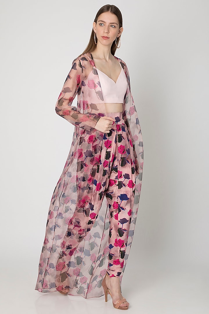 Pink Printed Dhoti Pants With Bustier & Cape by Masaba