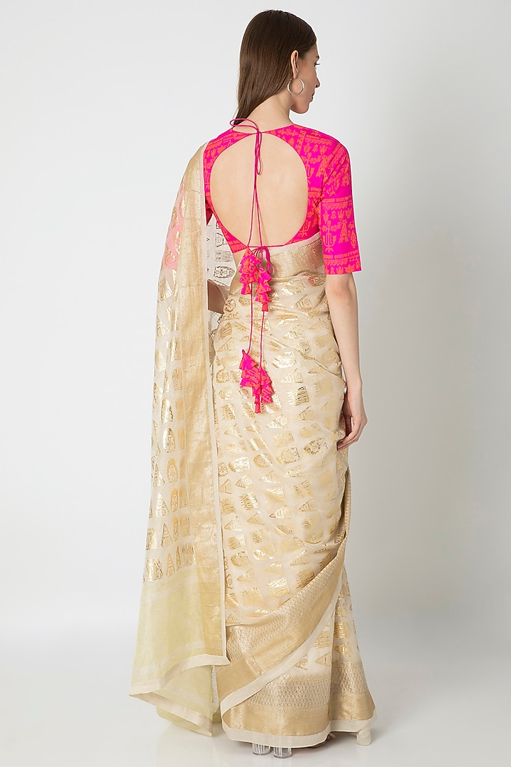 Ivory Printed Party Wear Saree Set by Masaba at Pernia's Pop Up Shop