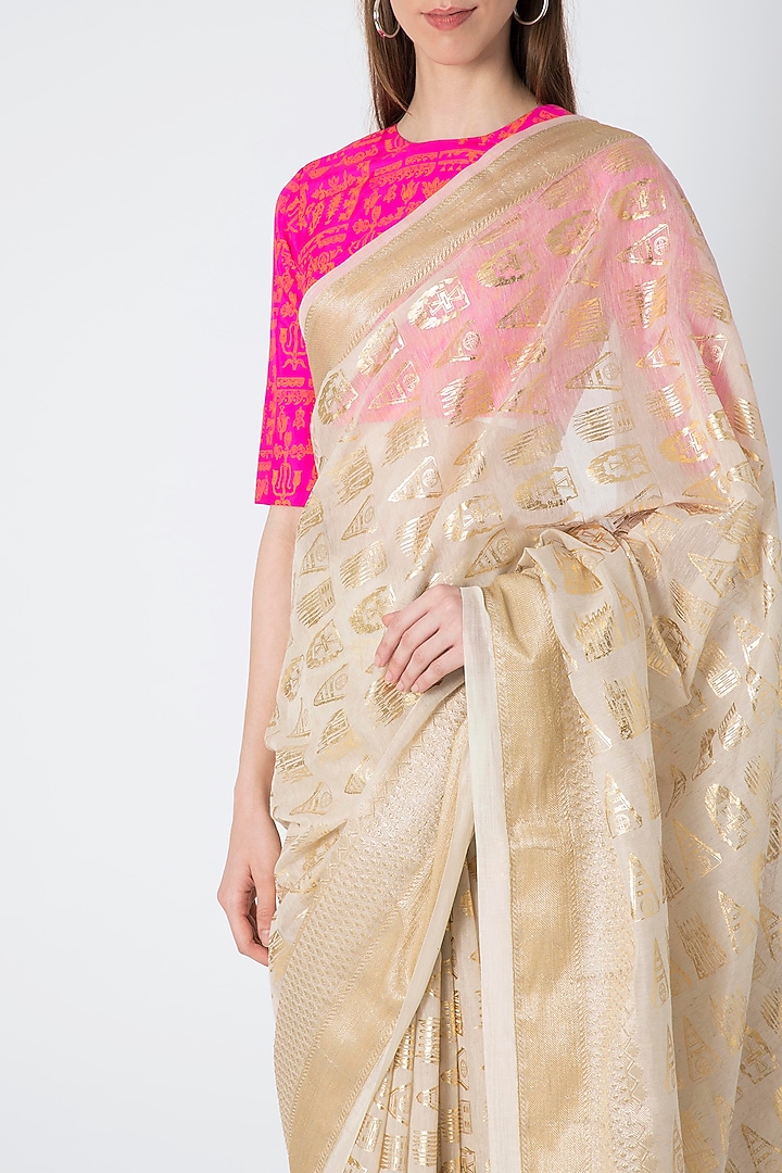 Ivory Printed Party Wear Saree Set by Masaba at Pernia's Pop Up Shop
