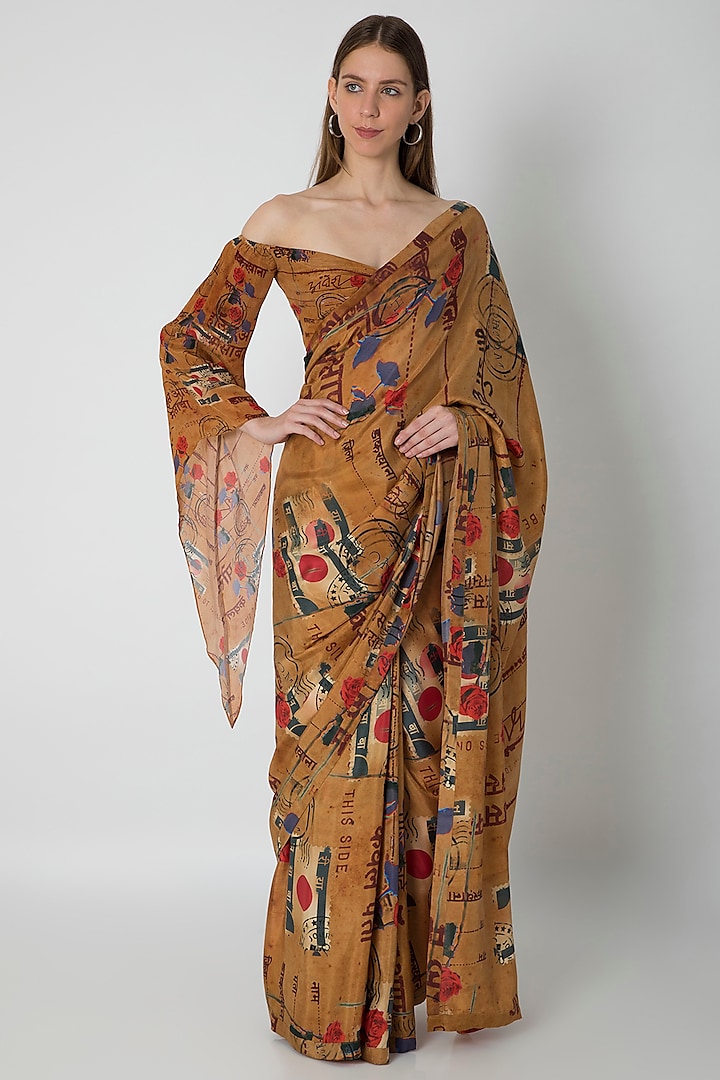 Brown Printed Habutai Silk Saree Set by Masaba