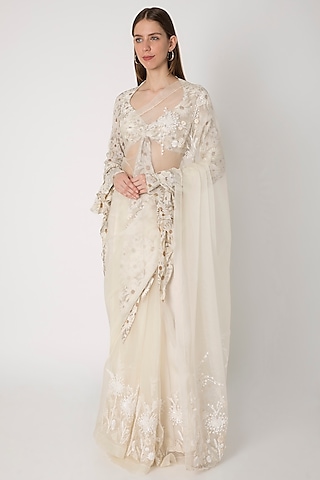 Ivory Sequins Embroidered & Printed Saree Set by Masaba