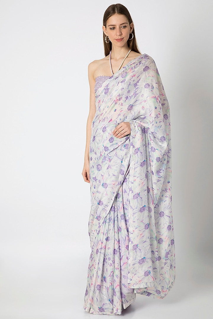 Lilac Printed Embroidered Wedding Saree Set by Masaba at Pernia's Pop Up Shop