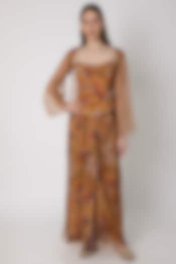 Brown Printed Top With Draped Skirt & Cape by Masaba