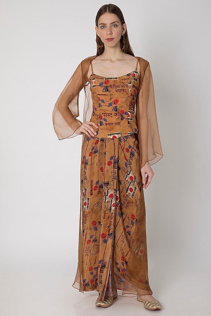 Brown Printed Top With Draped Skirt & Cape by Masaba