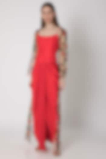 Red Embroidered Top With Draped Skirt & Printed Cape by Masaba at Pernia's Pop Up Shop