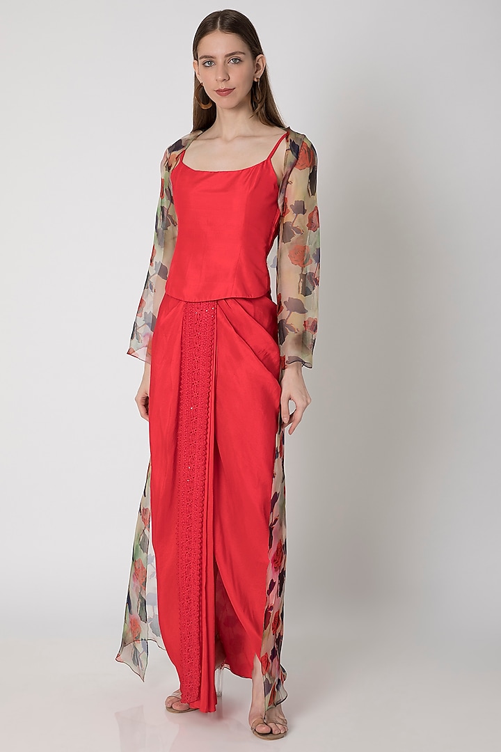 Red Embroidered Top With Draped Skirt & Printed Cape by Masaba