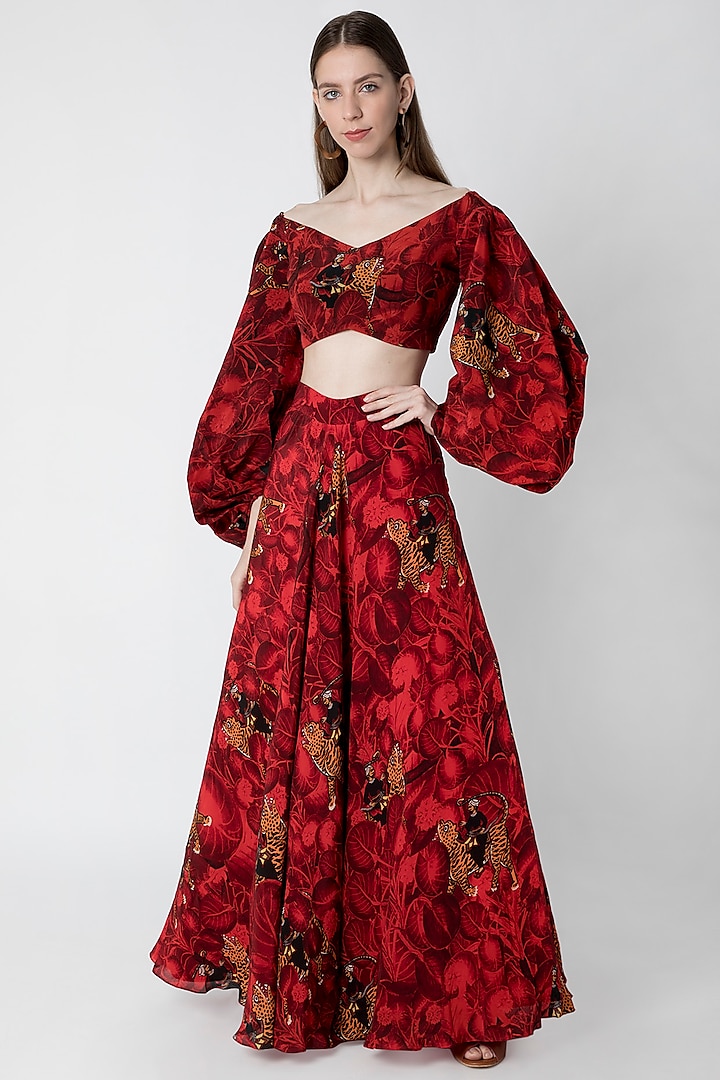Red Printed Blouse WIth Lehenga Skirt by Masaba