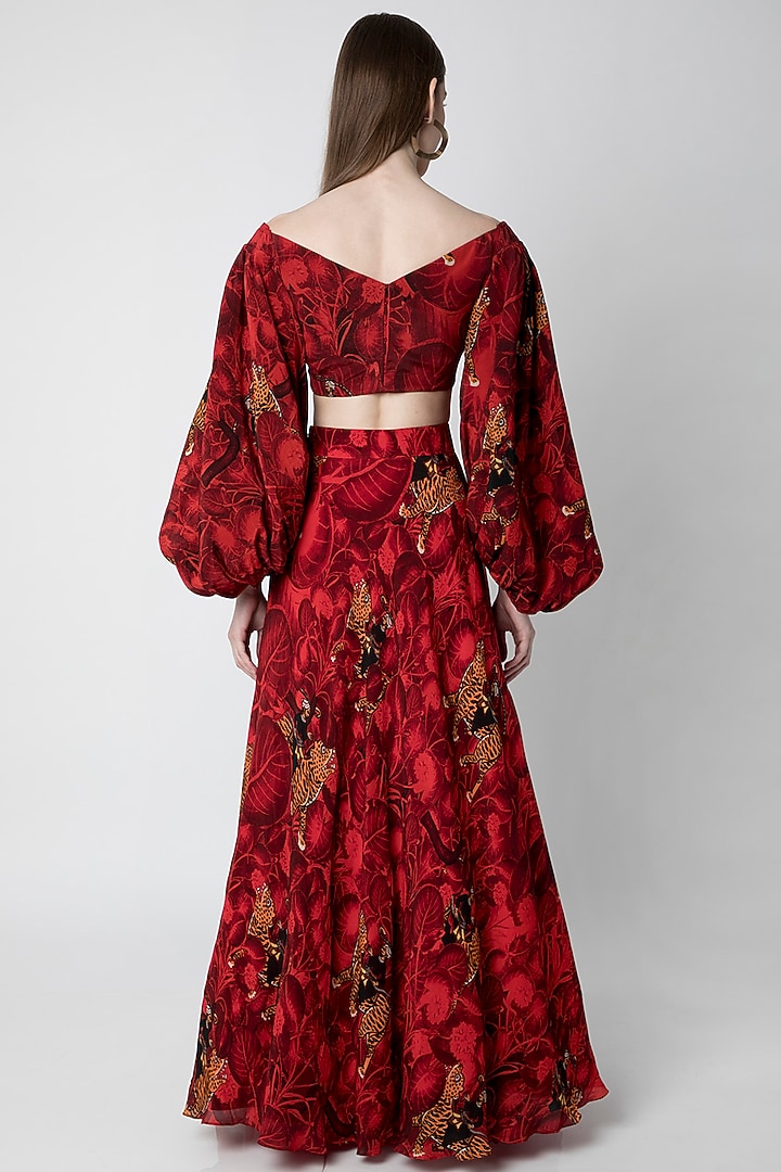 Red Printed Blouse WIth Lehenga Skirt by Masaba at Pernia's Pop Up Shop
