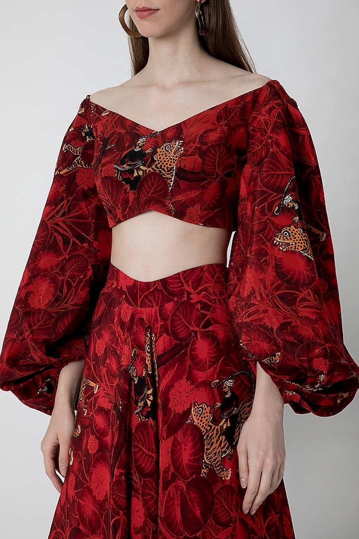 Red Printed Blouse WIth Lehenga Skirt by Masaba at Pernia's Pop Up Shop