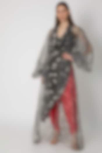 Grey Printed Cowl Top With Cape & Red Dhoti Pants by Masaba