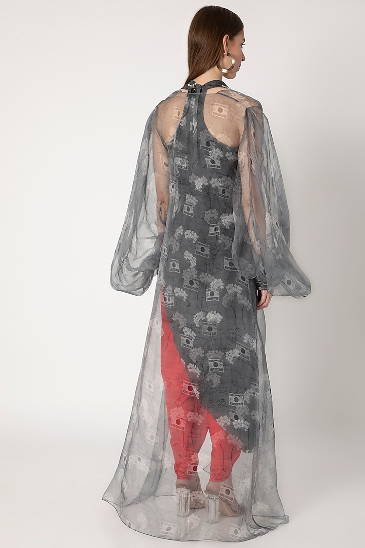 Grey Printed Cowl Top With Cape & Red Dhoti Pants by Masaba at Pernia's Pop Up Shop